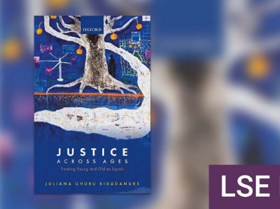 Book cover of Justice Across Ages, representing a with nothing but yellow fruit hanging from it. A dark shadow is standing under the tree, some family pictures and some abstract drawings can be seen at the back.